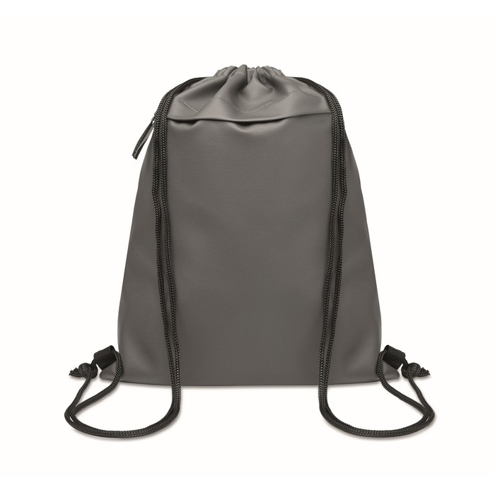 Mochila de cuerdas de RPET y PU con un bolsillo frontal color gris oscuro