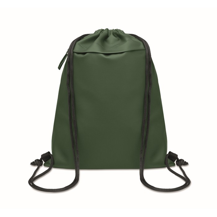 Mochila de cuerdas de RPET y PU con un bolsillo frontal color verde oscuro