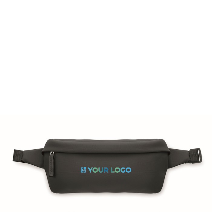 Riñonera de RPET y PU ajustable con un compartimiento general color negro vista de impresión Riñonera de RPET y PU ajustable con un compartimiento general color negro vista de impresión