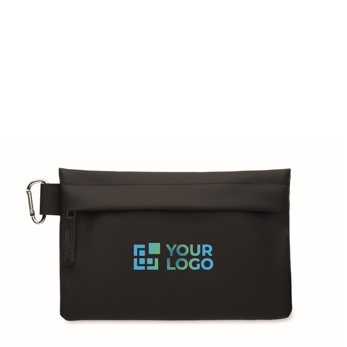Neceser organizador de poliéster y PU con mosquetón en el lateral color negro vista de impresión Neceser organizador de poliéster y PU con mosquetón en el lateral color negro vista de impresión