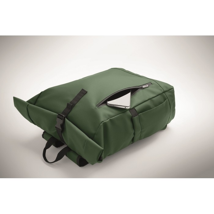 Mochila de cierre roll-top para portátil con correa para trolley 15'' color verde oscuro vista fotografía Mochila de cierre roll-top para portátil con correa para trolley 15'' color verde oscuro vista fotografía