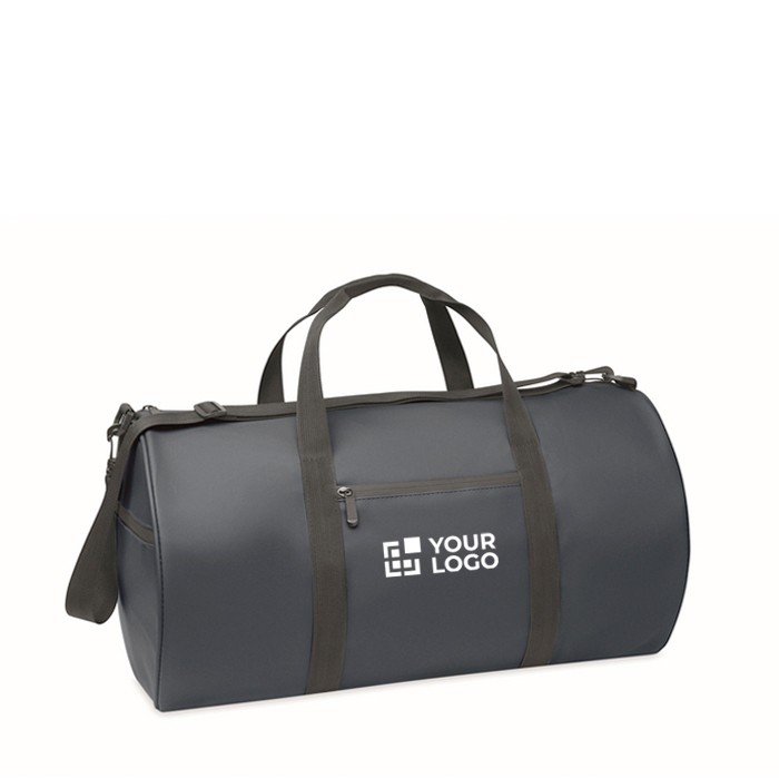 Bolsa de viaje de poliéster y PU con compartimientos laterales color azul vista de impresión