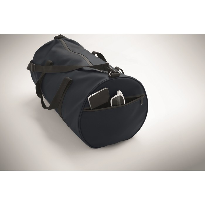 Bolsa de viaje de poliéster y PU con compartimientos laterales color azul vista fotografía tercera vista