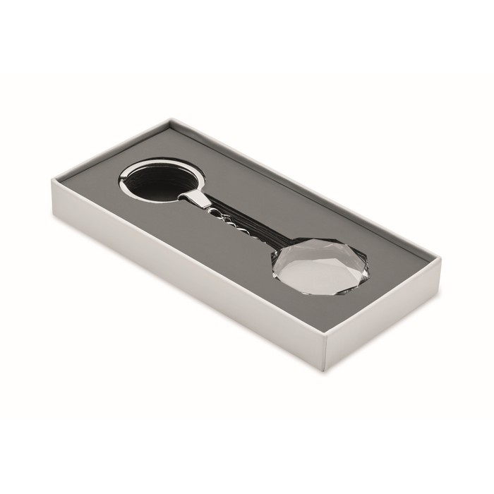 Llavero redondo con acabados geométricos de cristal para personalizar color transparente cuarta vista Llavero redondo con acabados geométricos de cristal para personalizar color transparente cuarta vista