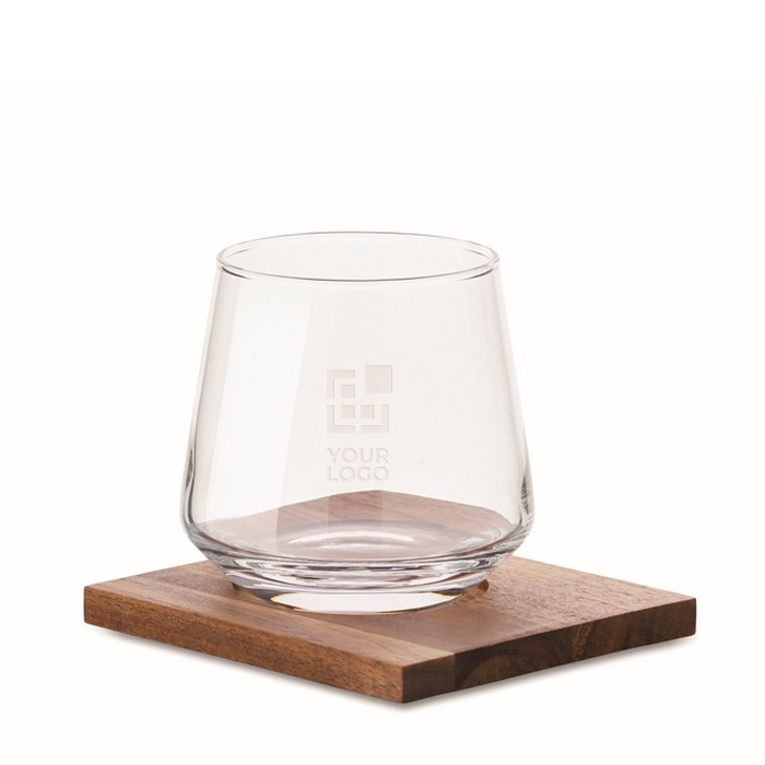 Vaso corto de cristal para whisky con posavasos de madera de acacia color transparente vista de impresión Vaso corto de cristal para whisky con posavasos de madera de acacia color transparente vista de impresión
