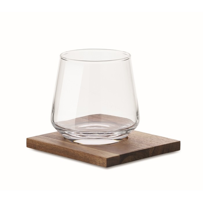 Vaso corto de cristal para whisky con posavasos de madera de acacia color transparente Vaso corto de cristal para whisky con posavasos de madera de acacia color transparente