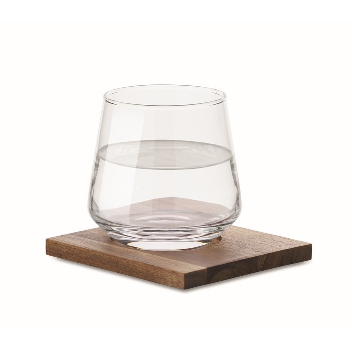 Vaso corto de cristal para whisky con posavasos de madera de acacia color transparente segunda vista Vaso corto de cristal para whisky con posavasos de madera de acacia color transparente segunda vista