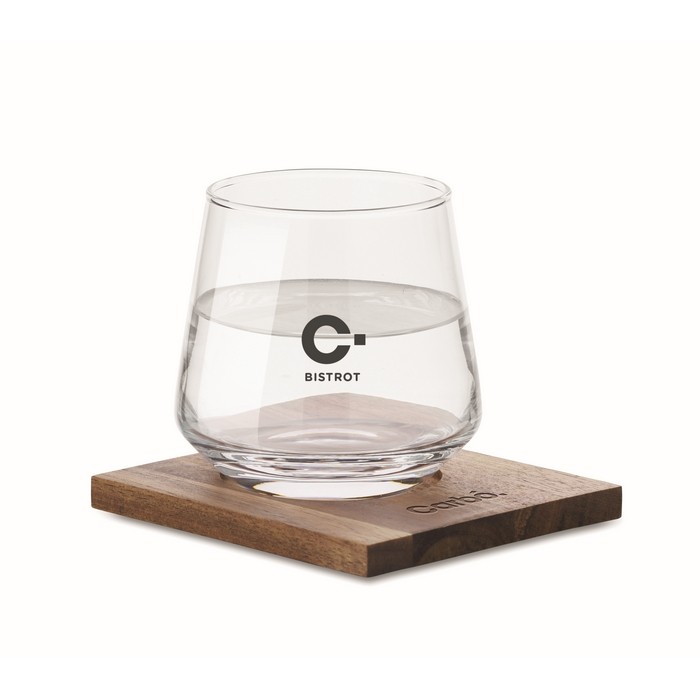 Vaso corto de cristal para whisky con posavasos de madera de acacia color transparente vista principal segunda vista Vaso corto de cristal para whisky con posavasos de madera de acacia color transparente vista principal segunda vista
