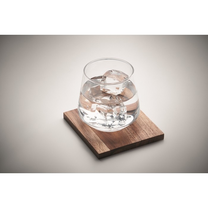 Vaso corto de cristal para whisky con posavasos de madera de acacia color transparente vista fotografía tercera vista Vaso corto de cristal para whisky con posavasos de madera de acacia color transparente vista fotografía tercera vista