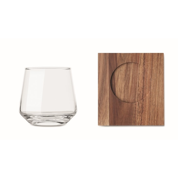 Vaso corto de cristal para whisky con posavasos de madera de acacia color transparente quinta vista Vaso corto de cristal para whisky con posavasos de madera de acacia color transparente quinta vista