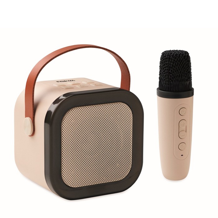 Set de karaoke con altavoz estilo vintage con luces LED y micrófono color beige vista de impresión Set de karaoke con altavoz estilo vintage con luces LED y micrófono color beige vista de impresión