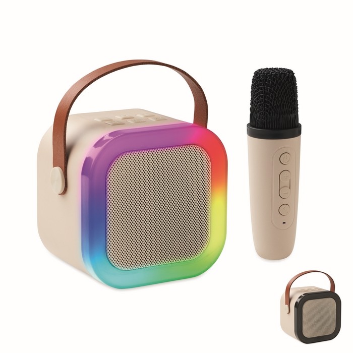 Set de karaoke con altavoz estilo vintage con luces LED y micrófono color beige Set de karaoke con altavoz estilo vintage con luces LED y micrófono color beige