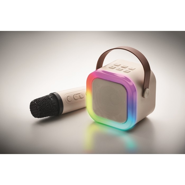 Set de karaoke con altavoz estilo vintage con luces LED y micrófono color beige vista fotografía tercera vista Set de karaoke con altavoz estilo vintage con luces LED y micrófono color beige vista fotografía tercera vista