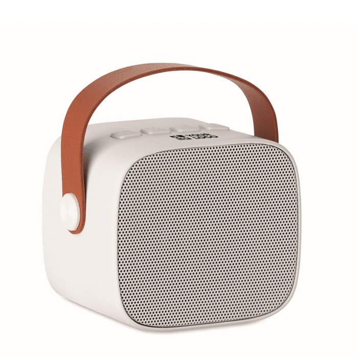 Altavoz cuadrado con asa marrón de cuero sintético estilo vintage color blanco vista de impresión Altavoz cuadrado con asa marrón de cuero sintético estilo vintage color blanco vista de impresión