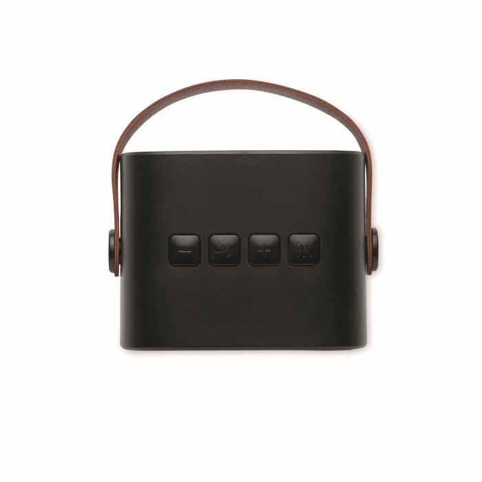 Altavoz cuadrado con asa marrón de cuero sintético estilo vintage color negro septima vista Altavoz cuadrado con asa marrón de cuero sintético estilo vintage color negro septima vista