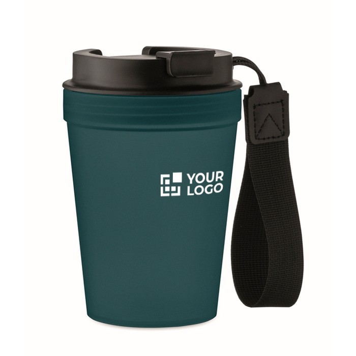 Vaso antifugas para llevar con correa de poliéster RPET 300ml color azul marino vista de impresión Vaso antifugas para llevar con correa de poliéster RPET 300ml color azul marino vista de impresión