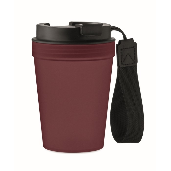 Vaso antifugas para llevar con correa de poliéster RPET 300ml color burdeos Vaso antifugas para llevar con correa de poliéster RPET 300ml color burdeos