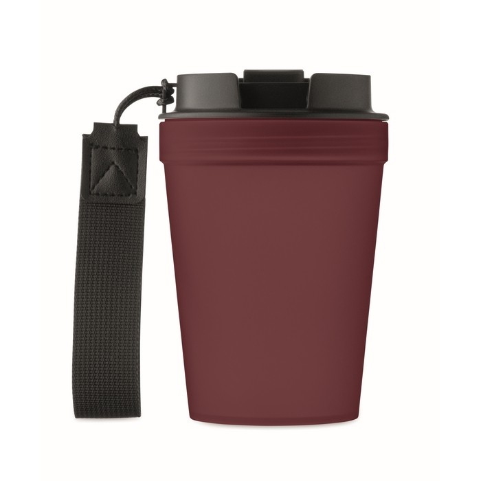 Vaso antifugas para llevar con correa de poliéster RPET 300ml color burdeos cuarta vista Vaso antifugas para llevar con correa de poliéster RPET 300ml color burdeos cuarta vista