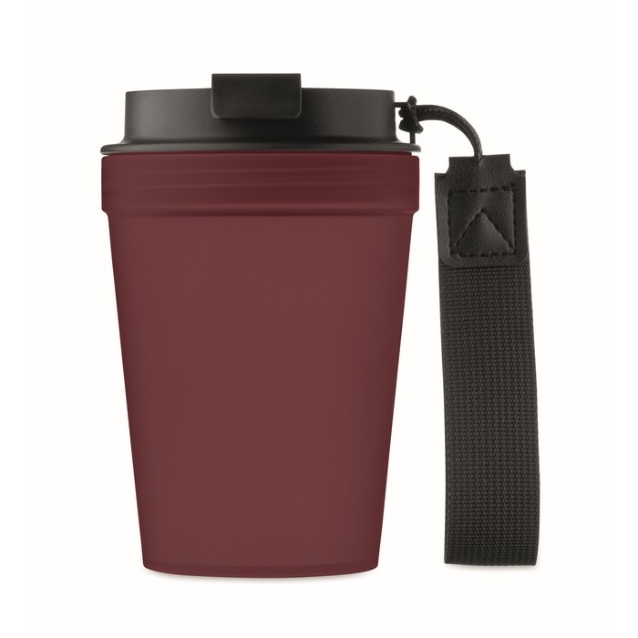 Vaso antifugas para llevar con correa de poliéster RPET 300ml color burdeos quinta vista Vaso antifugas para llevar con correa de poliéster RPET 300ml color burdeos quinta vista