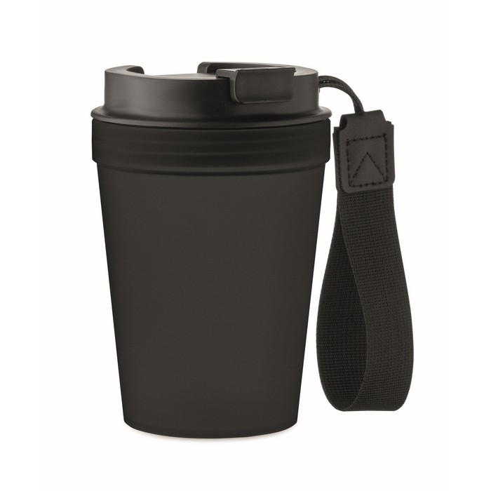 Vaso antifugas para llevar con correa de poliéster RPET 300ml color negro Vaso antifugas para llevar con correa de poliéster RPET 300ml color negro