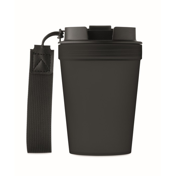 Vaso antifugas para llevar con correa de poliéster RPET 300ml color negro cuarta vista Vaso antifugas para llevar con correa de poliéster RPET 300ml color negro cuarta vista