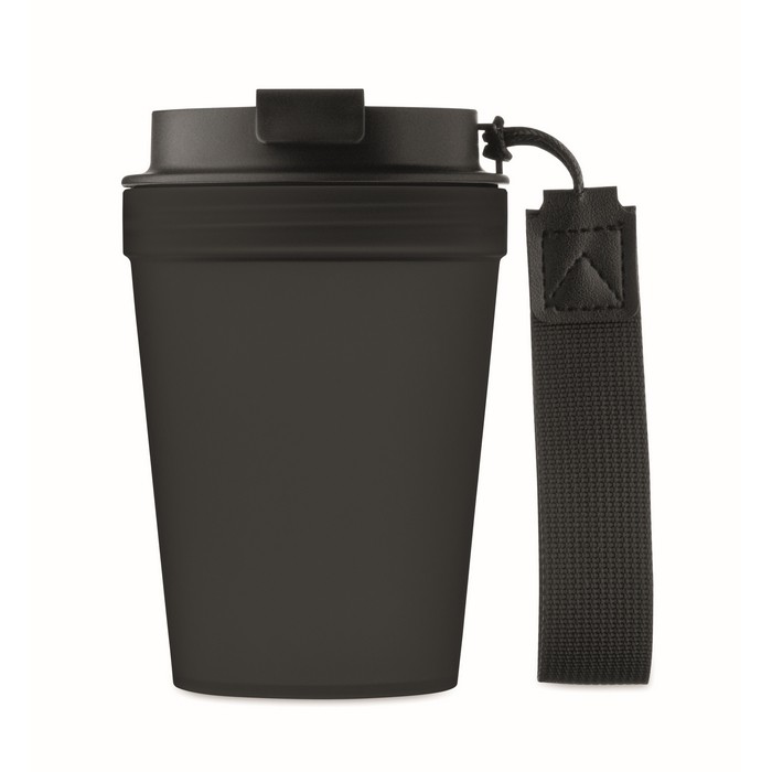 Vaso antifugas para llevar con correa de poliéster RPET 300ml color negro quinta vista Vaso antifugas para llevar con correa de poliéster RPET 300ml color negro quinta vista