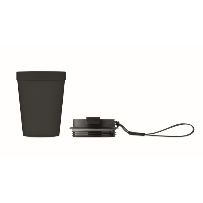 Vaso antifugas para llevar con correa de poliéster RPET 300ml color negro sexta vista Vaso antifugas para llevar con correa de poliéster RPET 300ml color negro sexta vista