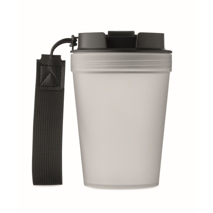 Vaso antifugas para llevar con correa de poliéster RPET 300ml color blanco transparente cuarta vista Vaso antifugas para llevar con correa de poliéster RPET 300ml color blanco transparente cuarta vista
