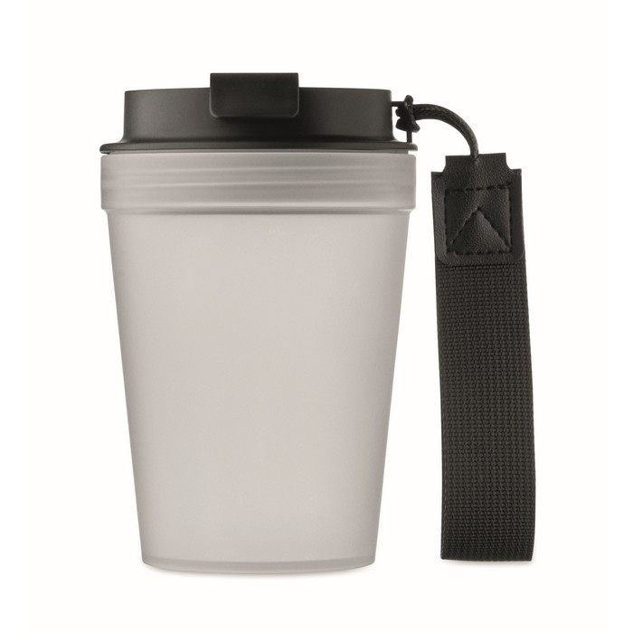 Vaso antifugas para llevar con correa de poliéster RPET 300ml color blanco transparente quinta vista Vaso antifugas para llevar con correa de poliéster RPET 300ml color blanco transparente quinta vista