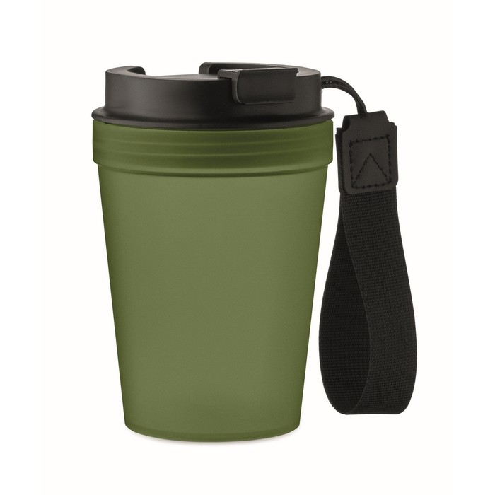 Vaso antifugas para llevar con correa de poliéster RPET 300ml color verde oscuro Vaso antifugas para llevar con correa de poliéster RPET 300ml color verde oscuro