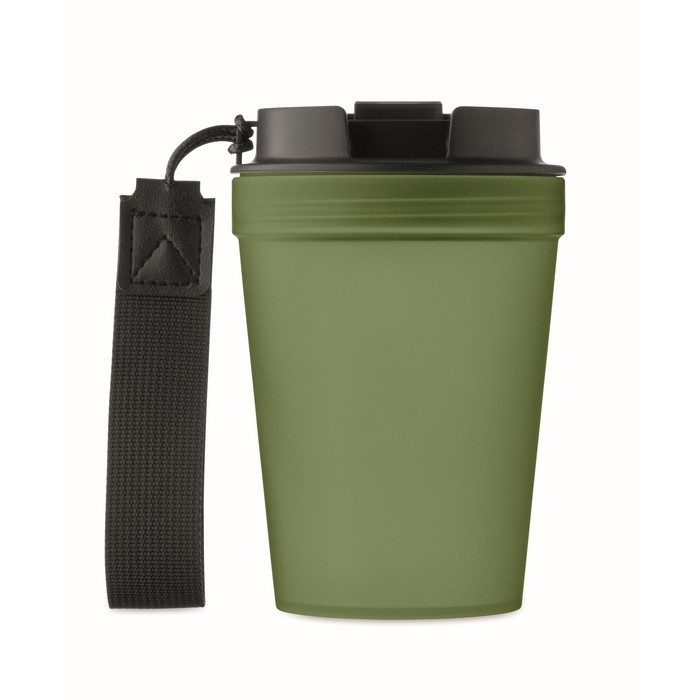 Vaso antifugas para llevar con correa de poliéster RPET 300ml color verde oscuro cuarta vista Vaso antifugas para llevar con correa de poliéster RPET 300ml color verde oscuro cuarta vista