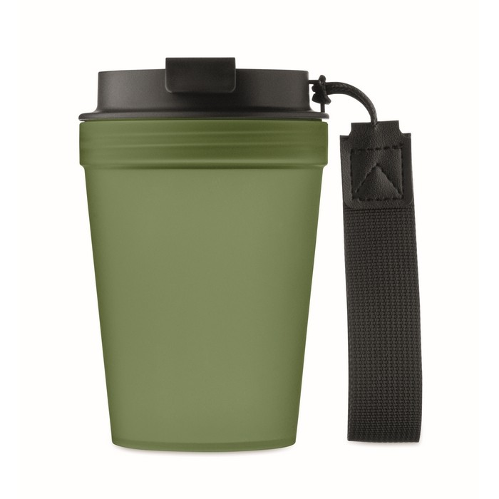 Vaso antifugas para llevar con correa de poliéster RPET 300ml color verde oscuro quinta vista Vaso antifugas para llevar con correa de poliéster RPET 300ml color verde oscuro quinta vista
