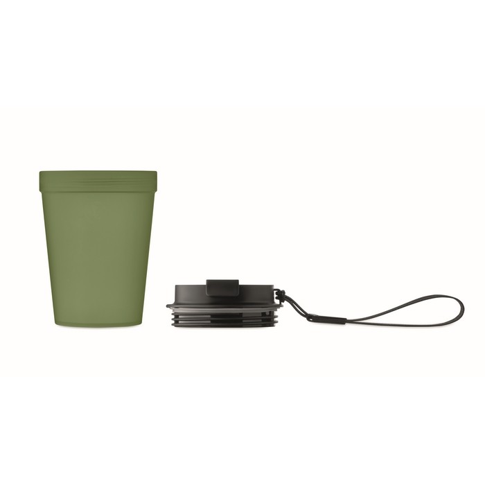 Vaso antifugas para llevar con correa de poliéster RPET 300ml color verde oscuro sexta vista Vaso antifugas para llevar con correa de poliéster RPET 300ml color verde oscuro sexta vista