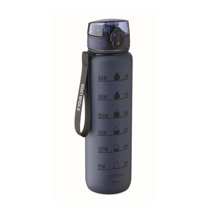 Botella de plástico con marcas de tiempo y tapa abatible 1L color azul marino vista de impresión Botella de plástico con marcas de tiempo y tapa abatible 1L color azul marino vista de impresión