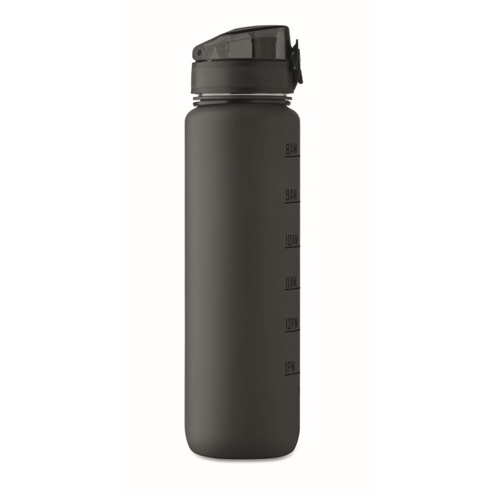 Botella de plástico con marcas de tiempo y tapa abatible 1L color negro decima vista Botella de plástico con marcas de tiempo y tapa abatible 1L color negro decima vista