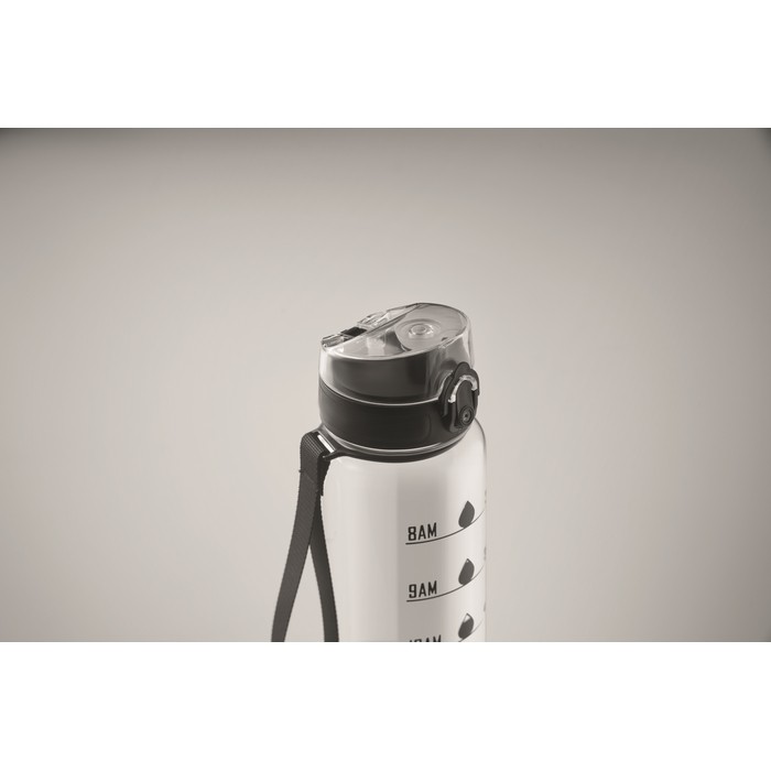 Botella de plástico con marcas de tiempo y tapa abatible 1L color transparente vista fotografía cuarta vista Botella de plástico con marcas de tiempo y tapa abatible 1L color transparente vista fotografía cuarta vista