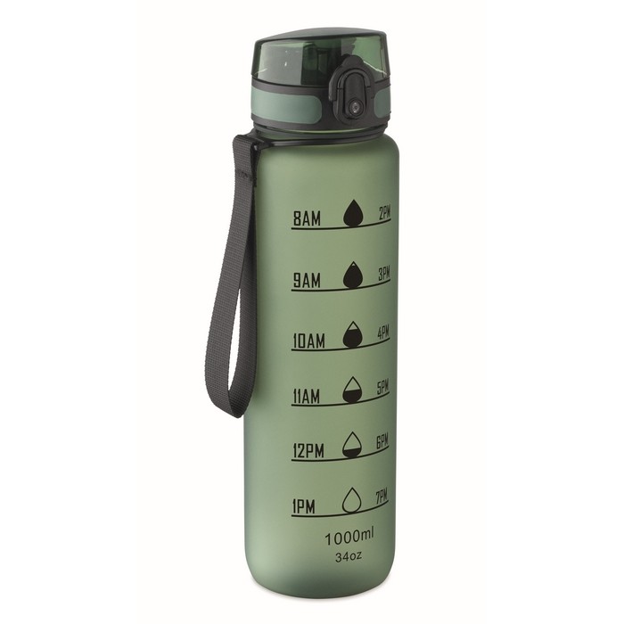 Botella de plástico con marcas de tiempo y tapa abatible 1L color verde oscuro Botella de plástico con marcas de tiempo y tapa abatible 1L color verde oscuro