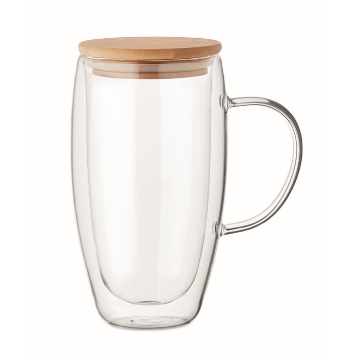 Taza larga de vidrio con asa transparente y tapa de madera 450ml color transparente Taza larga de vidrio con asa transparente y tapa de madera 450ml color transparente
