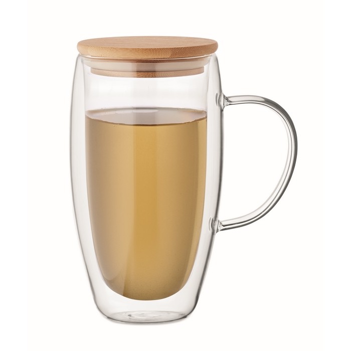 Taza larga de vidrio con asa transparente y tapa de madera 450ml color transparente segunda vista Taza larga de vidrio con asa transparente y tapa de madera 450ml color transparente segunda vista