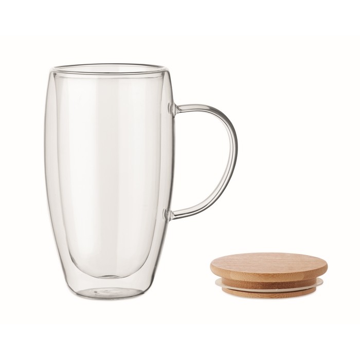 Taza larga de vidrio con asa transparente y tapa de madera 450ml color transparente tercera vista Taza larga de vidrio con asa transparente y tapa de madera 450ml color transparente tercera vista