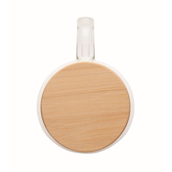 Taza larga de vidrio con asa transparente y tapa de madera 450ml color transparente cuarta vista Taza larga de vidrio con asa transparente y tapa de madera 450ml color transparente cuarta vista