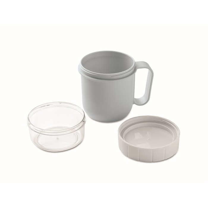 Taza para llevar de desayuno con 2 compartimientos separados 450ml color azul claro cuarta vista Taza para llevar de desayuno con 2 compartimientos separados 450ml color azul claro cuarta vista