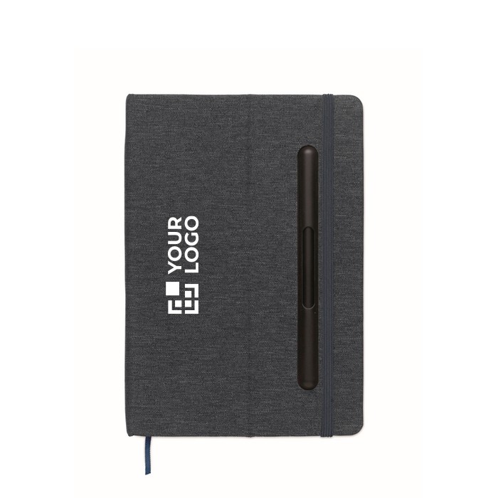 Libreta de tapa dura con función de soporte para móvil A5 papel a rayas color azul marino vista de impresión Libreta de tapa dura con función de soporte para móvil A5 papel a rayas color azul marino vista de impresión