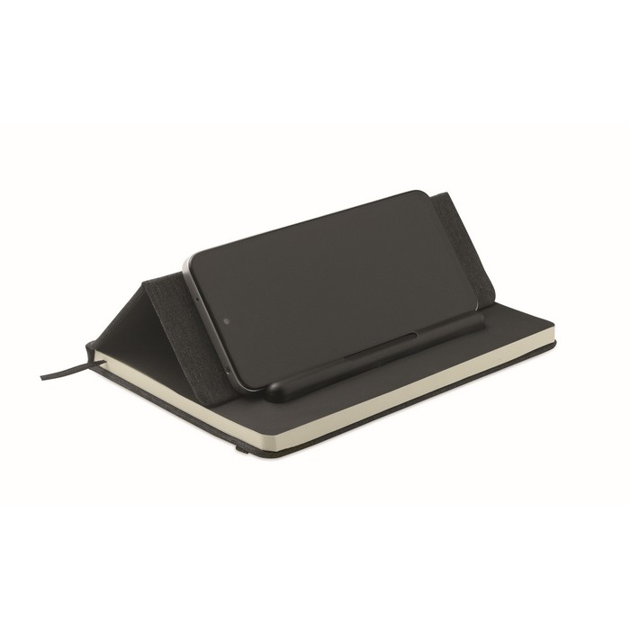 Libreta de tapa dura con función de soporte para móvil A5 papel a rayas color negro tercera vista Libreta de tapa dura con función de soporte para móvil A5 papel a rayas color negro tercera vista