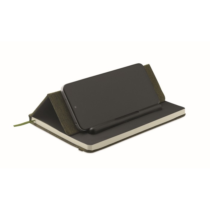 Libreta de tapa dura con función de soporte para móvil A5 papel a rayas color verde oscuro tercera vista Libreta de tapa dura con función de soporte para móvil A5 papel a rayas color verde oscuro tercera vista