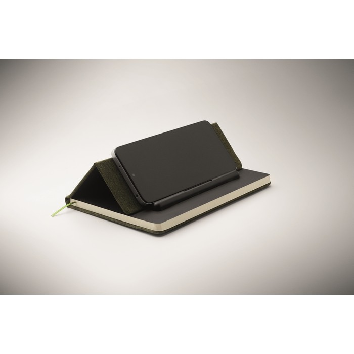 Libreta de tapa dura con función de soporte para móvil A5 papel a rayas color verde oscuro vista fotografía Libreta de tapa dura con función de soporte para móvil A5 papel a rayas color verde oscuro vista fotografía