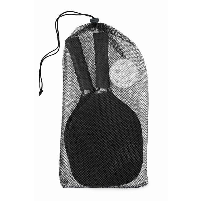 Set de pickle ball con 2 palas y 1 pelota en bolsa de malla color negro Set de pickle ball con 2 palas y 1 pelota en bolsa de malla color negro