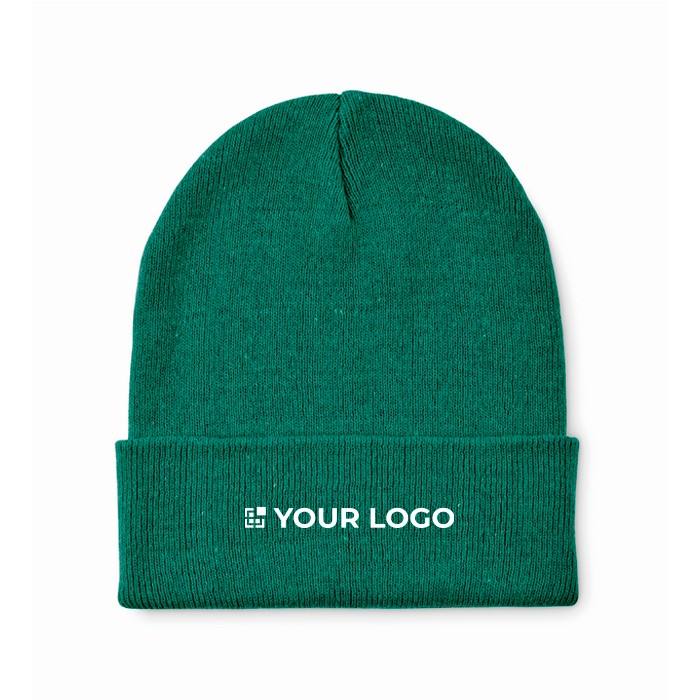 Clásico gorro de poliéster con dobladillo en talla única color verde oscuro vista de impresión Clásico gorro de poliéster con dobladillo en talla única color verde oscuro vista de impresión