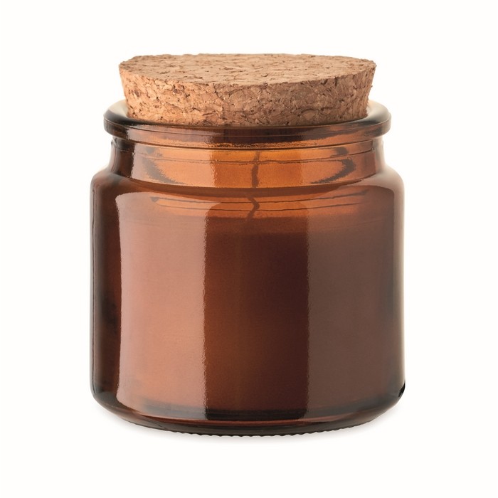 Vela de cera vegetal con aroma a vainilla y tapa de corcho color marrón Vela de cera vegetal con aroma a vainilla y tapa de corcho color marrón