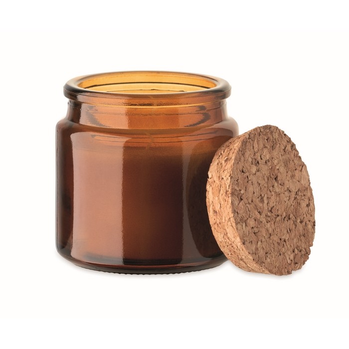 Vela de cera vegetal con aroma a vainilla y tapa de corcho color marrón segunda vista Vela de cera vegetal con aroma a vainilla y tapa de corcho color marrón segunda vista